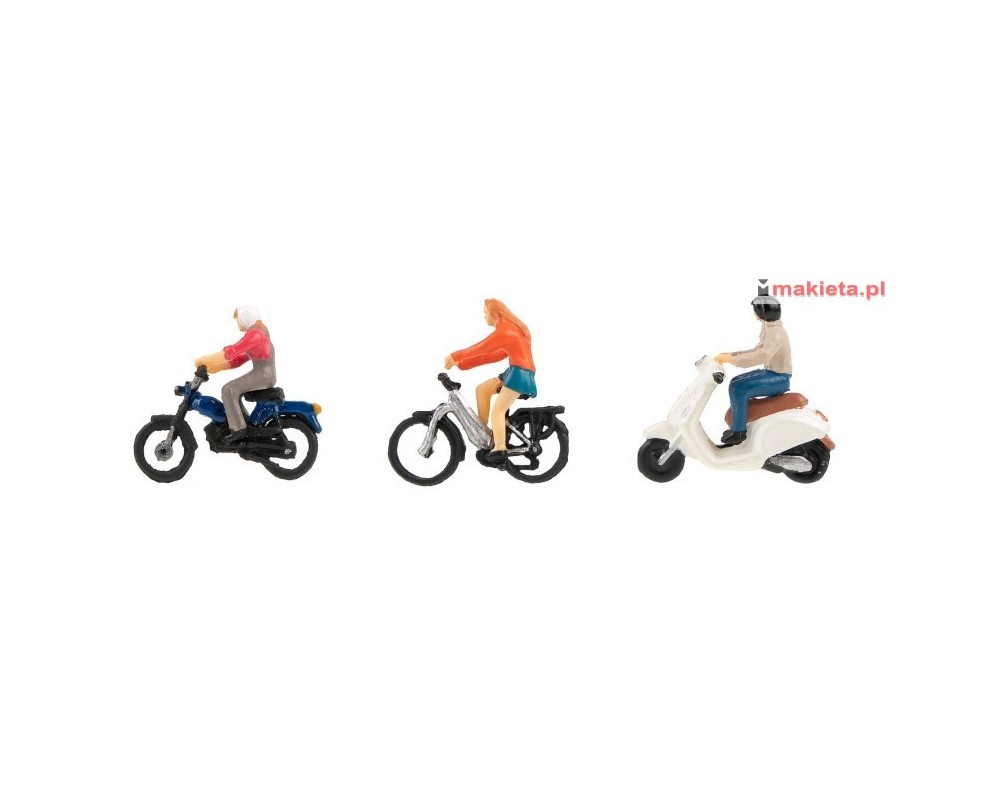 Faller 151801. Trzy osoby na jednośladach, skuter, rower, motocykl, skala H0