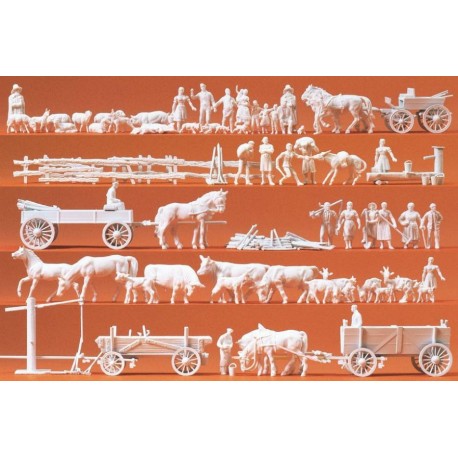 Preiser 16327. Rolnicy, zwierzęta, wozy konne, zestaw figurek i akcesoriów wiejskich, 60 elementów, nie malowane, skala H0
