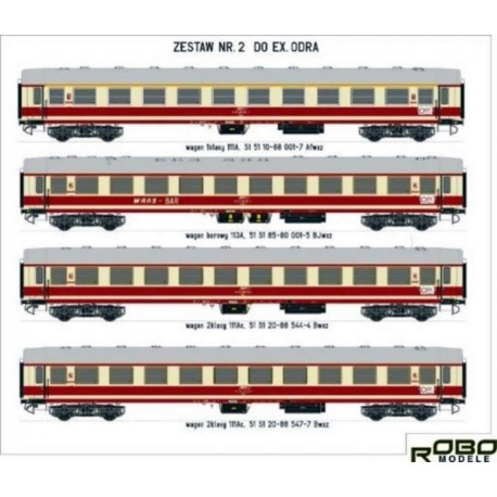 Robo 200511-2-ośw. Skład czterech wagonów osobowych typ 111A/113A express Odra, II, z oświetleniem wnętrza, skala H0