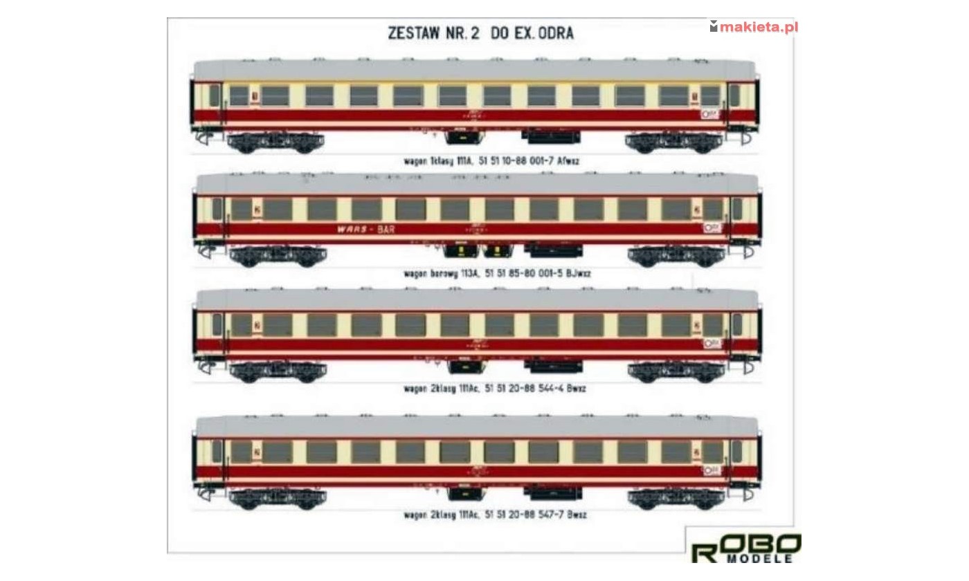 Robo 200511-2-ośw. Skład czterech wagonów osobowych typ 111A/113A express Odra, II, z oświetleniem wnętrza, skala H0