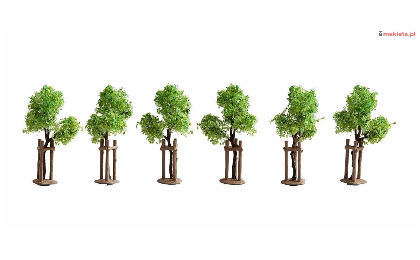 Noch 21538. Młode drzewa ze słupkami podporowymi, 6 sztuk, wys. ~4 cm. Skala H0 / TT