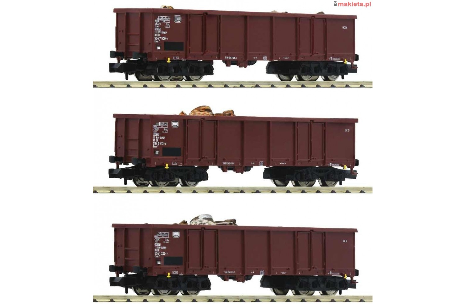 Fleischmann 828345. Zestaw trzech wagonów z ładunkiem złomu, DB, ep.IV, skala N 1:160