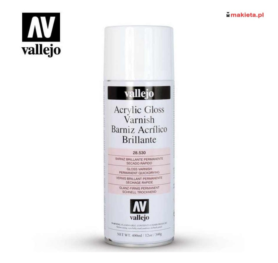 Vallejo 28530. Acrylic Gloss Spray Varnish, lakier bezbarwny, połysk, spray, 400 ml