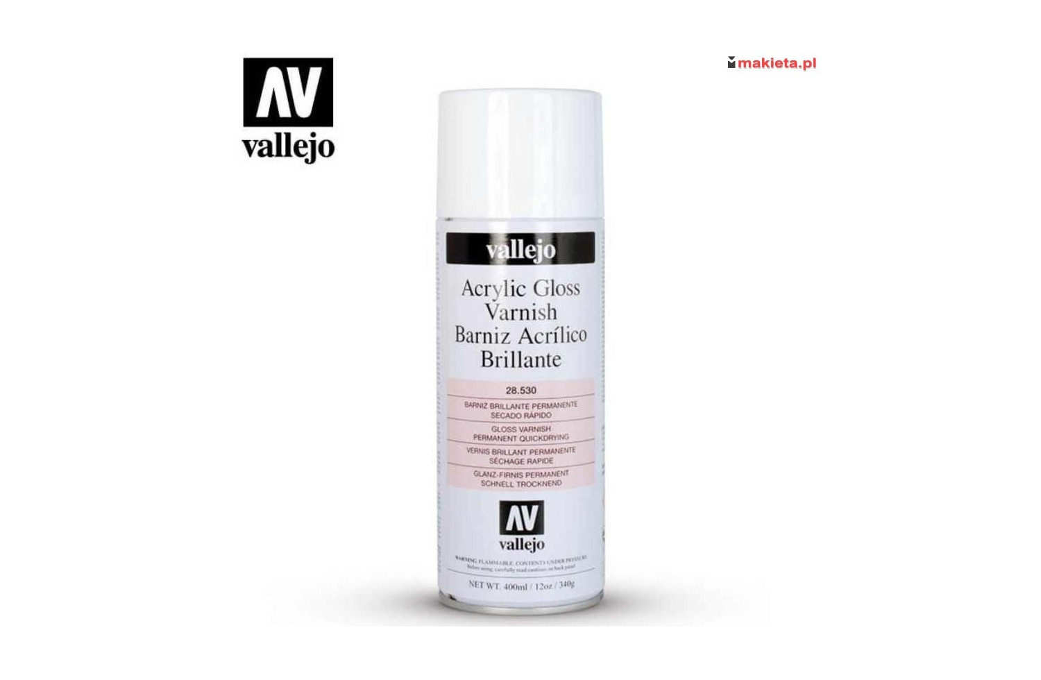 Vallejo 28530. Acrylic Gloss Spray Varnish, lakier bezbarwny, połysk, spray, 400 ml