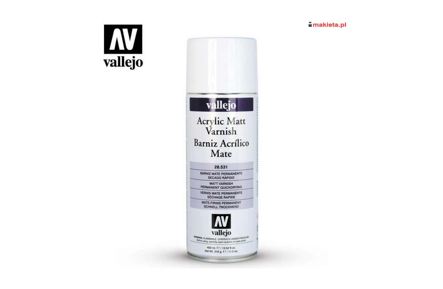 Vallejo 28531. Acrylic Matt Spray Varnish, lakier bezbarwny matowy, spray, 400 ml